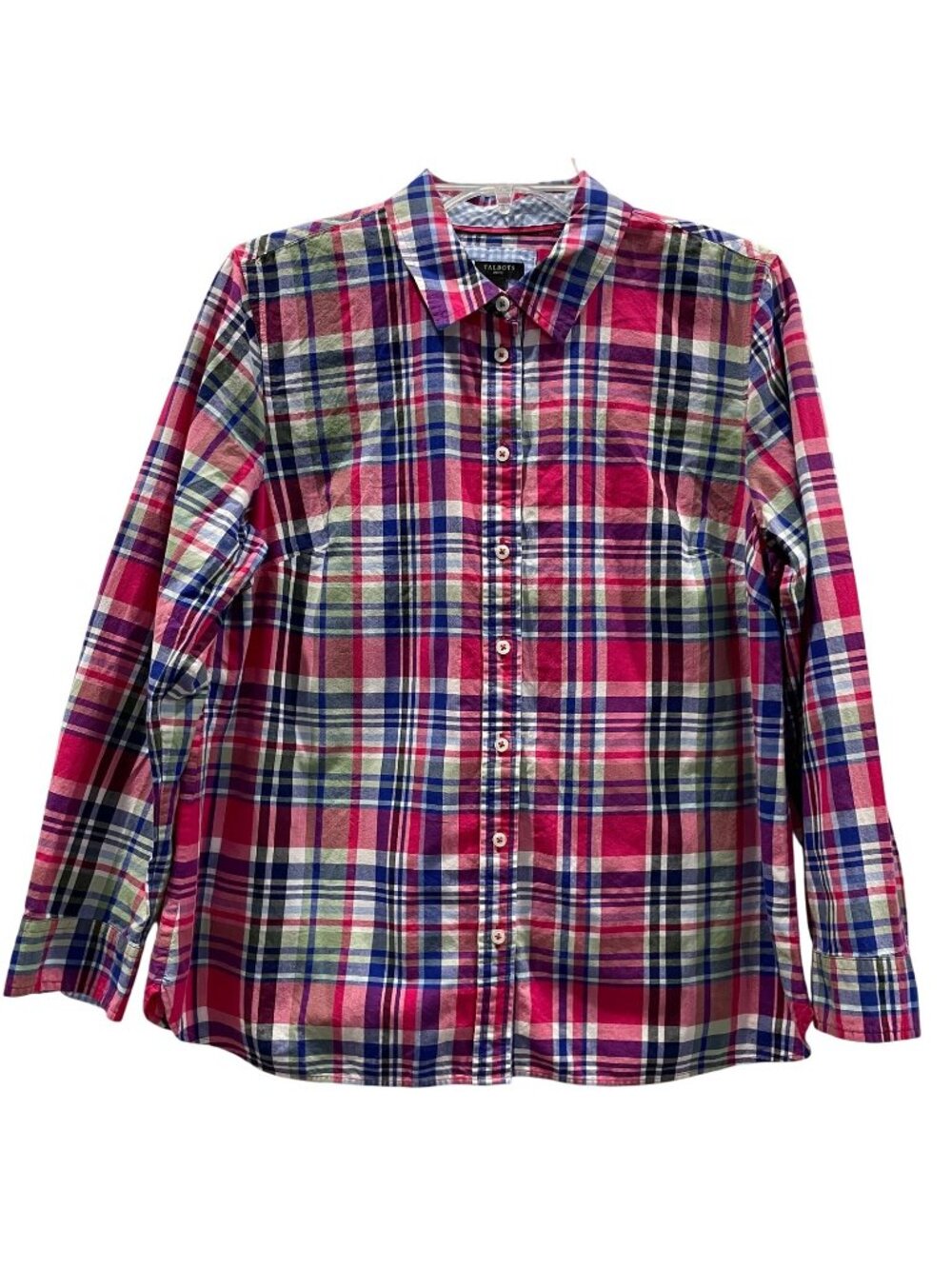 Talbots Plaid Button Front Shirt PL Pink Blue Cotton Preppy Weekends Old Money